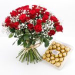 Bouquet of 25 Red Roses with Ferrero Rocher JuneFlowers.com
