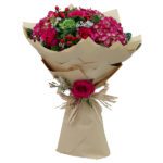 Dark Pink Hydrangea, Hypericum, Dark Pink Roses,Cabbage and Wax Flower hand bouquet from JuneFlowers.com