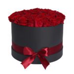 Romantic red roses in a black round box from JuneFlowers.com
