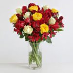 Red and Yellow Roses with Red Alstromeria JuneFlowers.com