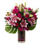 Stargazer Lilly with Dark Pink Gerberas JuneFlowers.com