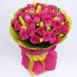 Lovely pink rose and Gorgeous Yellow Tulips in a double color wrapping | JuneFlowers.com