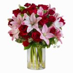 Romance of Red Rose & Lilly in Vase | Juneflowers.com