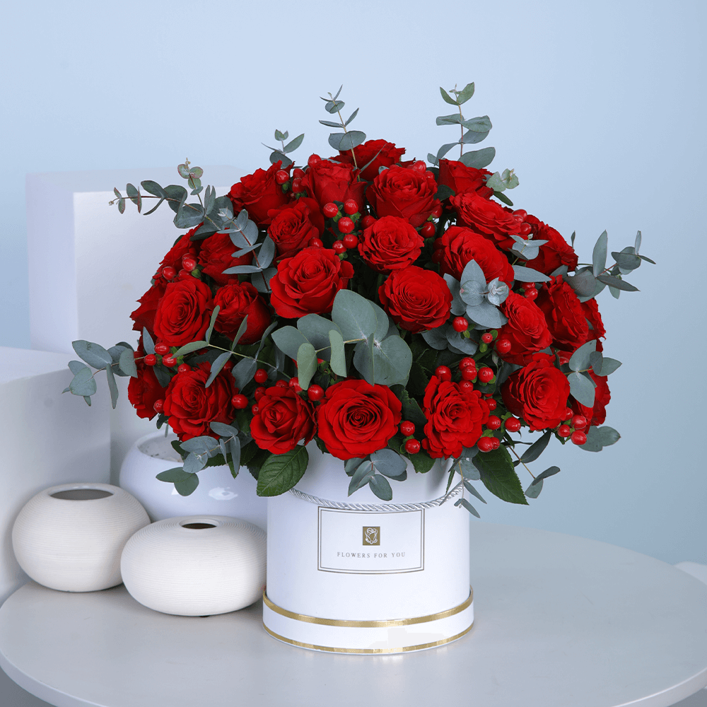 Red Roses with Hypericum Signature Box