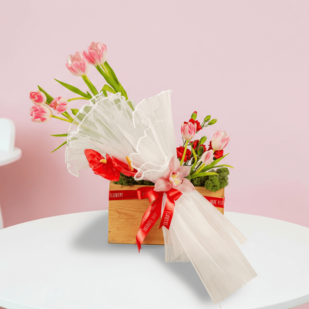 Tulip Flower Box - Red & Pink Flowers | Tulips, Anthurium & Carnations